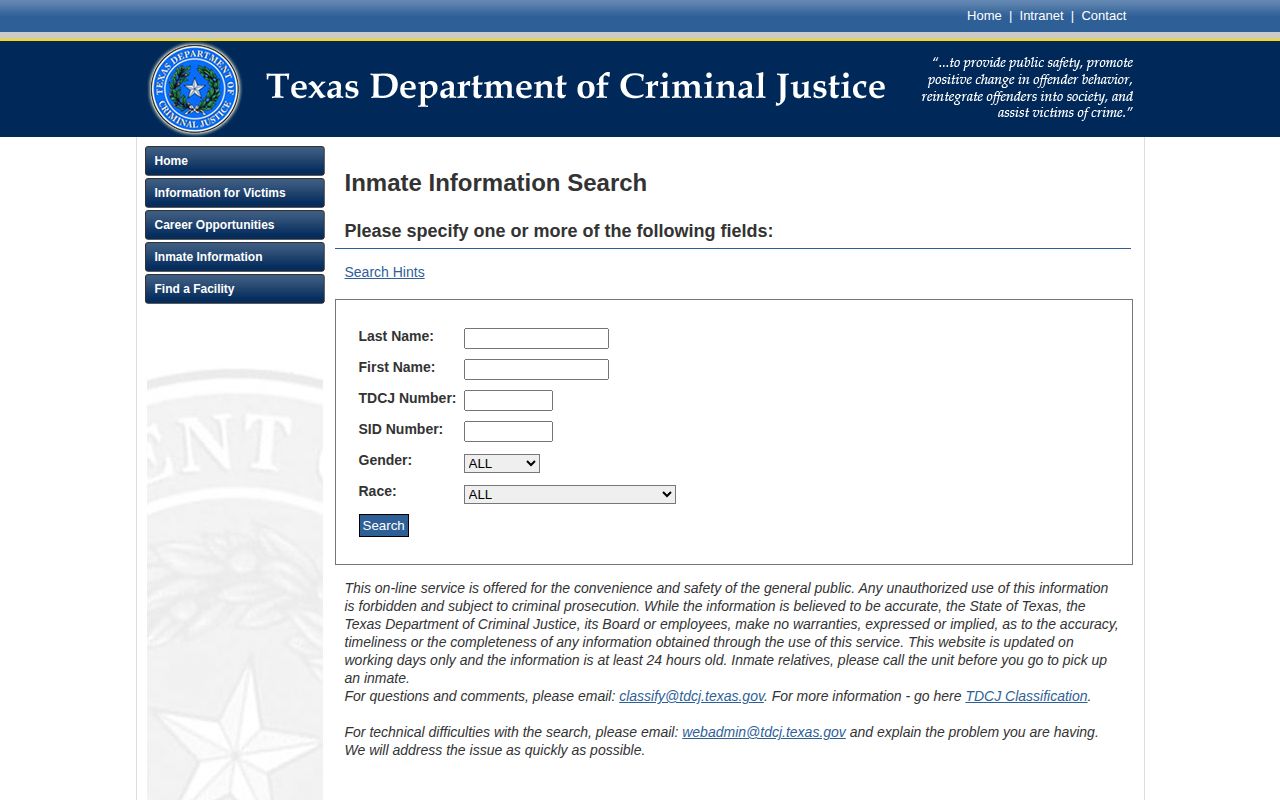 Eastland County released inmate TDCJ current custody search fields