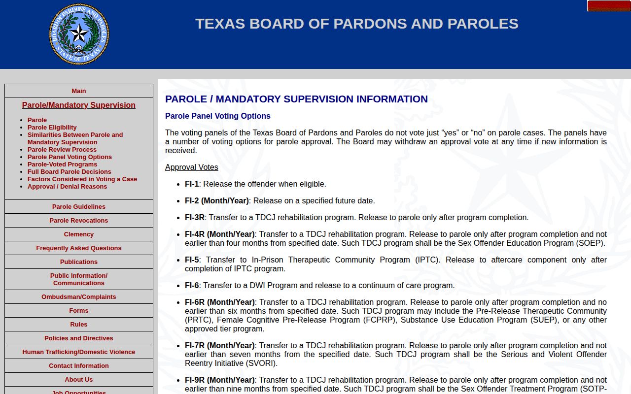 Texas Board of Pardons and Paroles decision codes and results